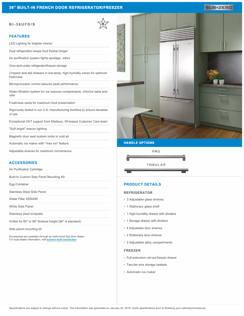 Página 1 del manual Ficha técnica Sub-Zero BI-36UFD/S/PH