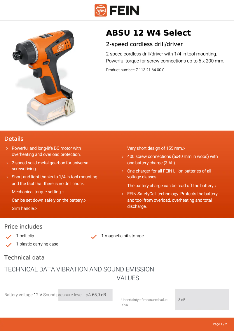 Página 1 del manual Ficha técnica Fein ABSU 12 W4 Select