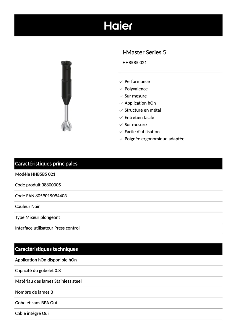 Página 1 del manual Ficha técnica Haier HHB5B5 021