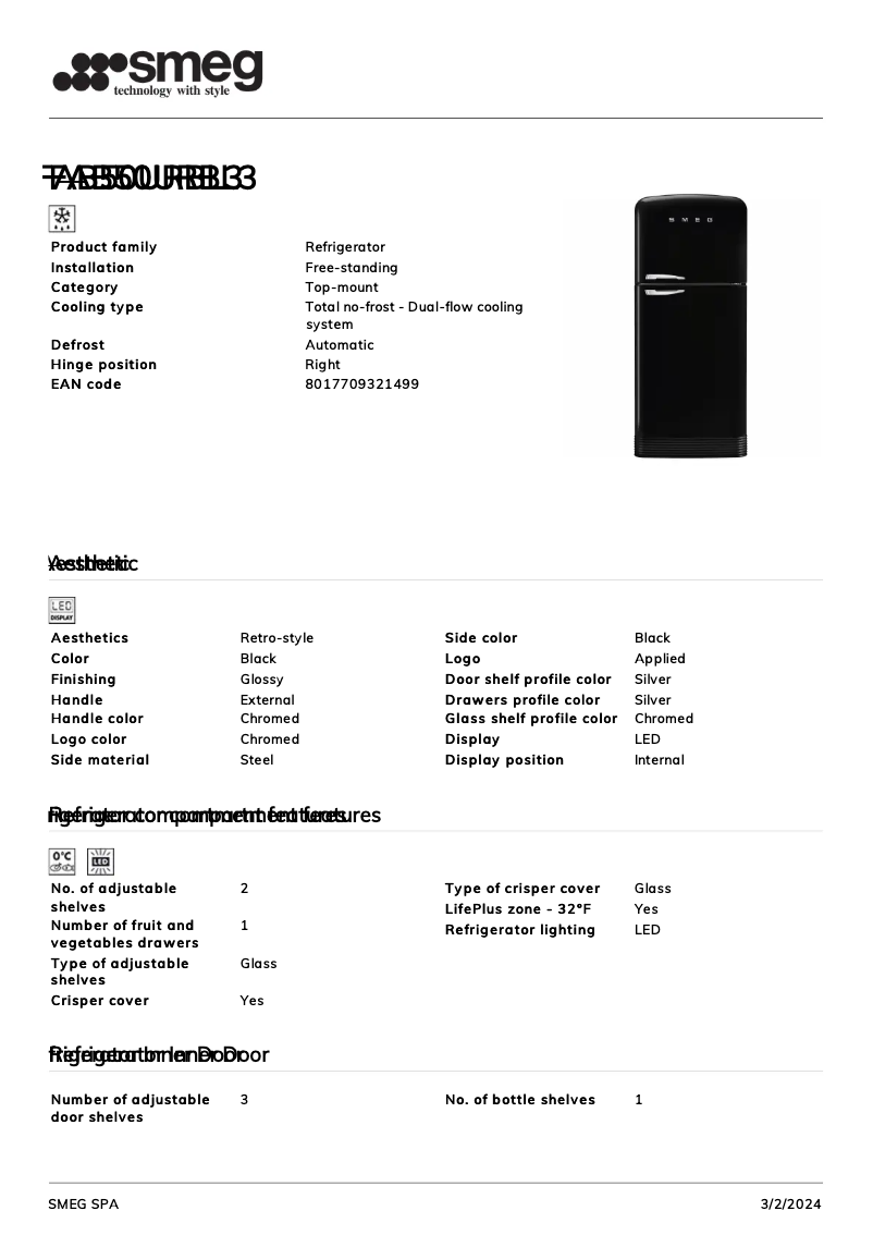 Página 1 del manual Ficha técnica Smeg FAB50URBL3