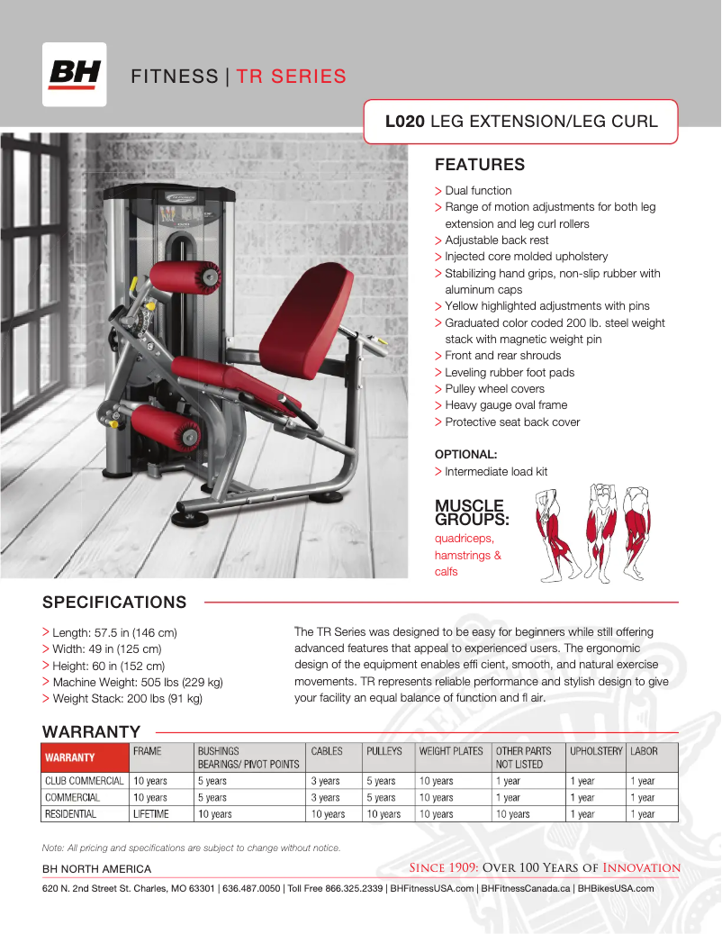 Página 1 del manual Ficha técnica BH Fitness L020