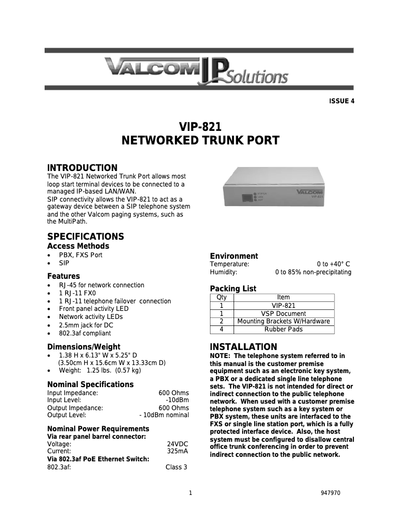 Imagen de la primera página del manual del dispositivo Trunk Port VIP-821