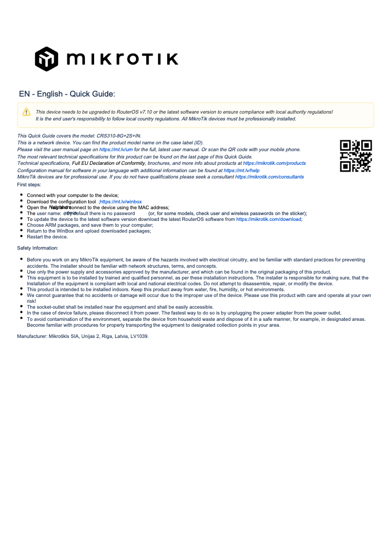 Imagen de la primera página del manual del dispositivo CRS310-8G+2S+IN