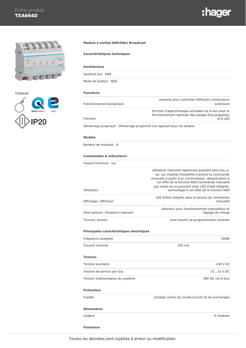Página 1 del manual Ficha técnica Hager TXA664D