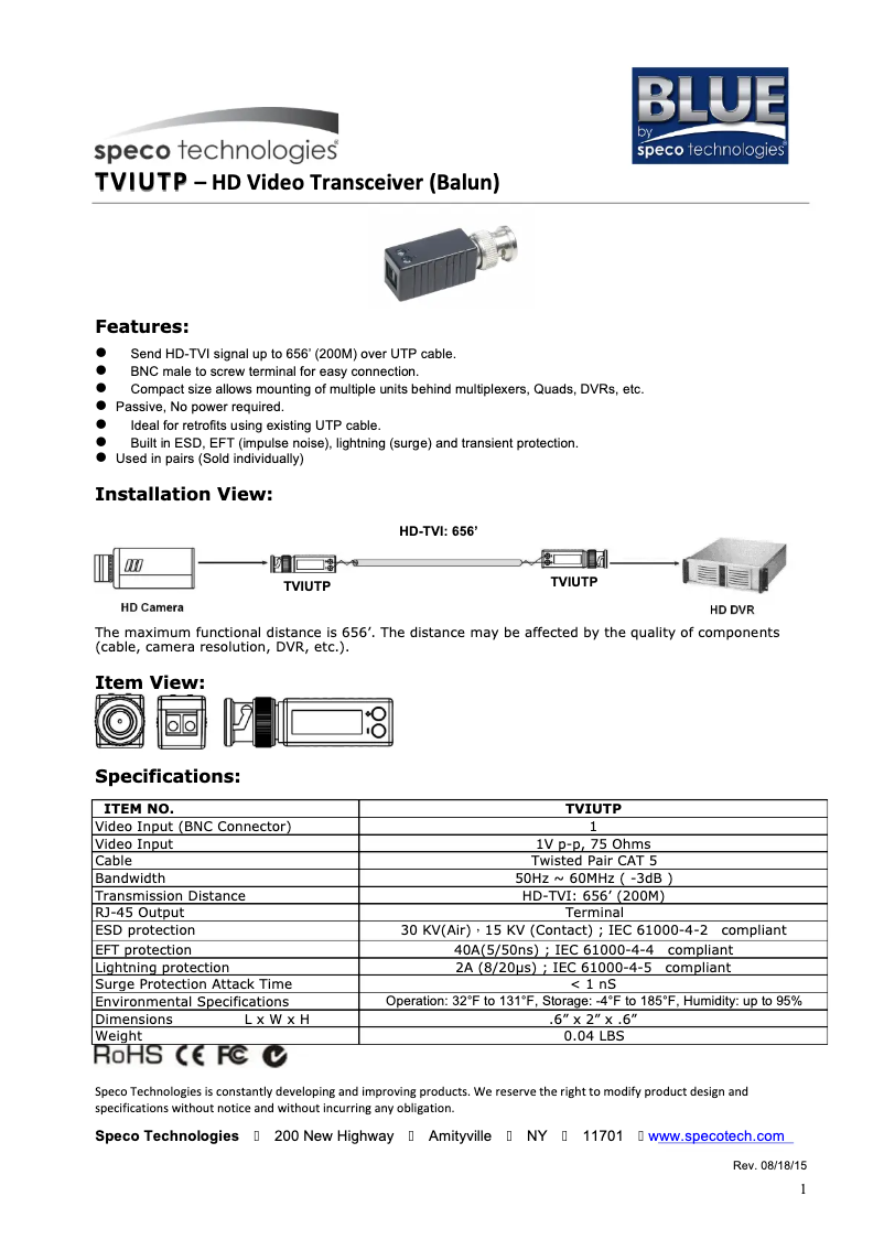 Página nº 1 - Manual de usuario Speco Technologies TVIUTP