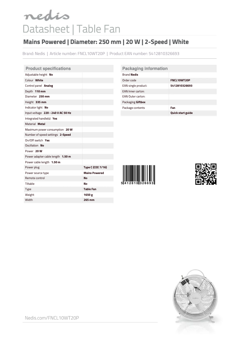 Página 1 del manual Manual de usuario Nedis FNCL10WT20P