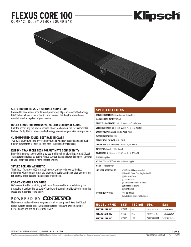 Página 1 del manual Ficha técnica Klipsch Flexus Core 100