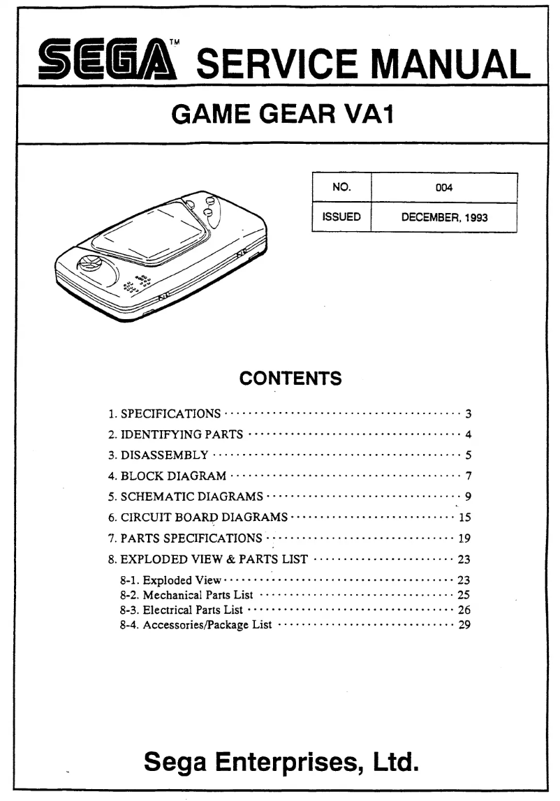 Imagen de la primera página del manual del dispositivo Game Gear VA1