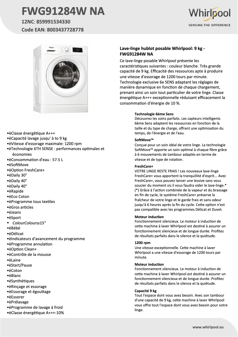 Página 1 del manual Ficha técnica Whirlpool FWG91284W