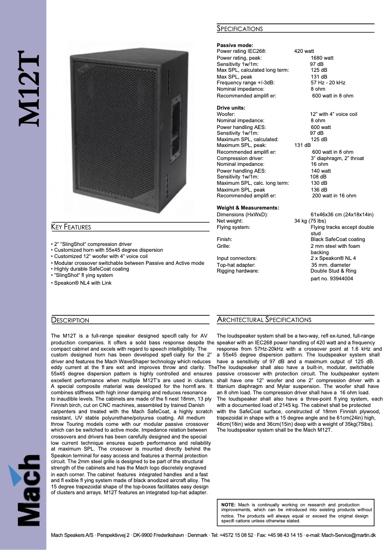 Página 1 del manual Ficha técnica Martin M12T