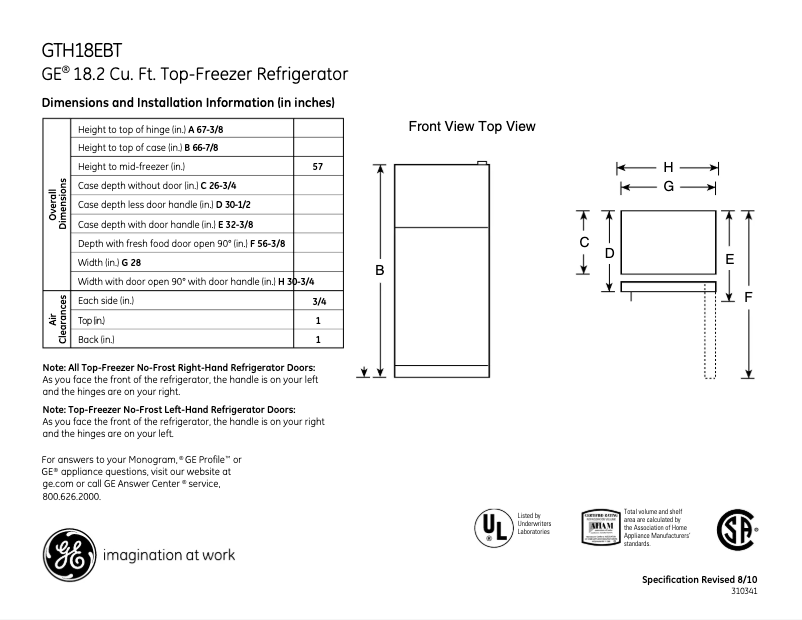 Página 1 del manual Ficha técnica GE GTH18EBTBB