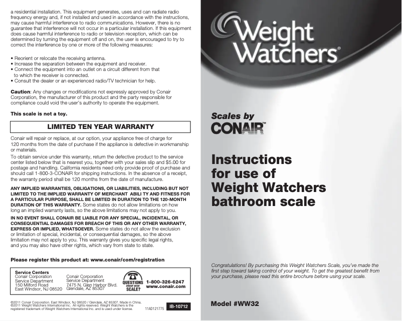 Página 1 del manual Manual de usuario Conair Weight Watchers WW32