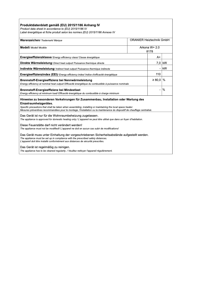 Página 1 del manual Ficha técnica Oranier Arkona W+ 2.0