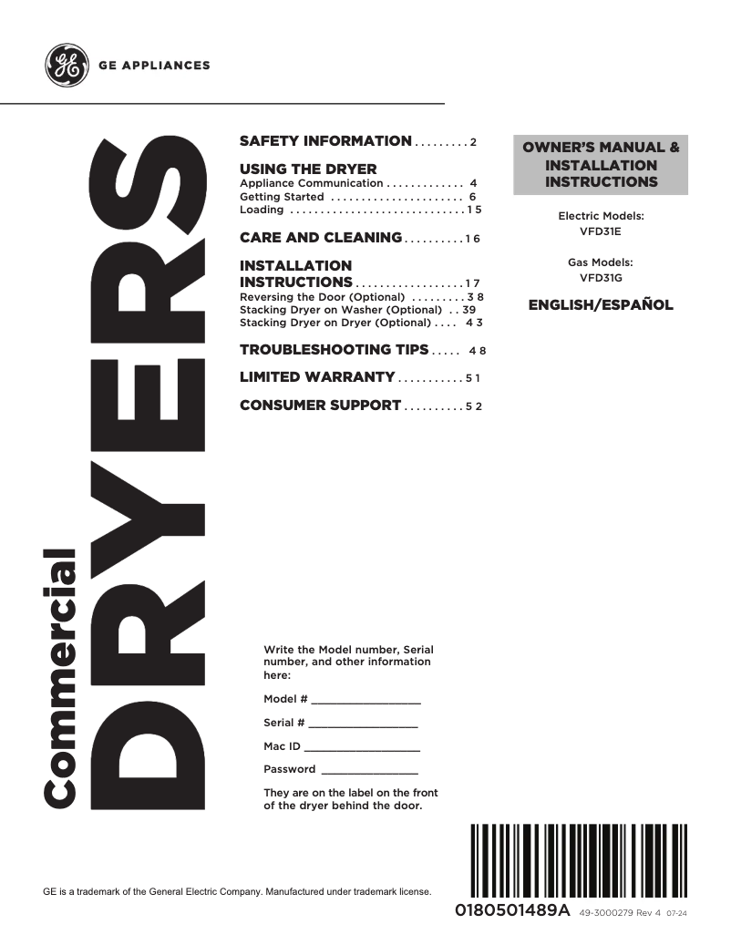 Página 1 del manual Guía de instalación GE VFD31EDSRWW