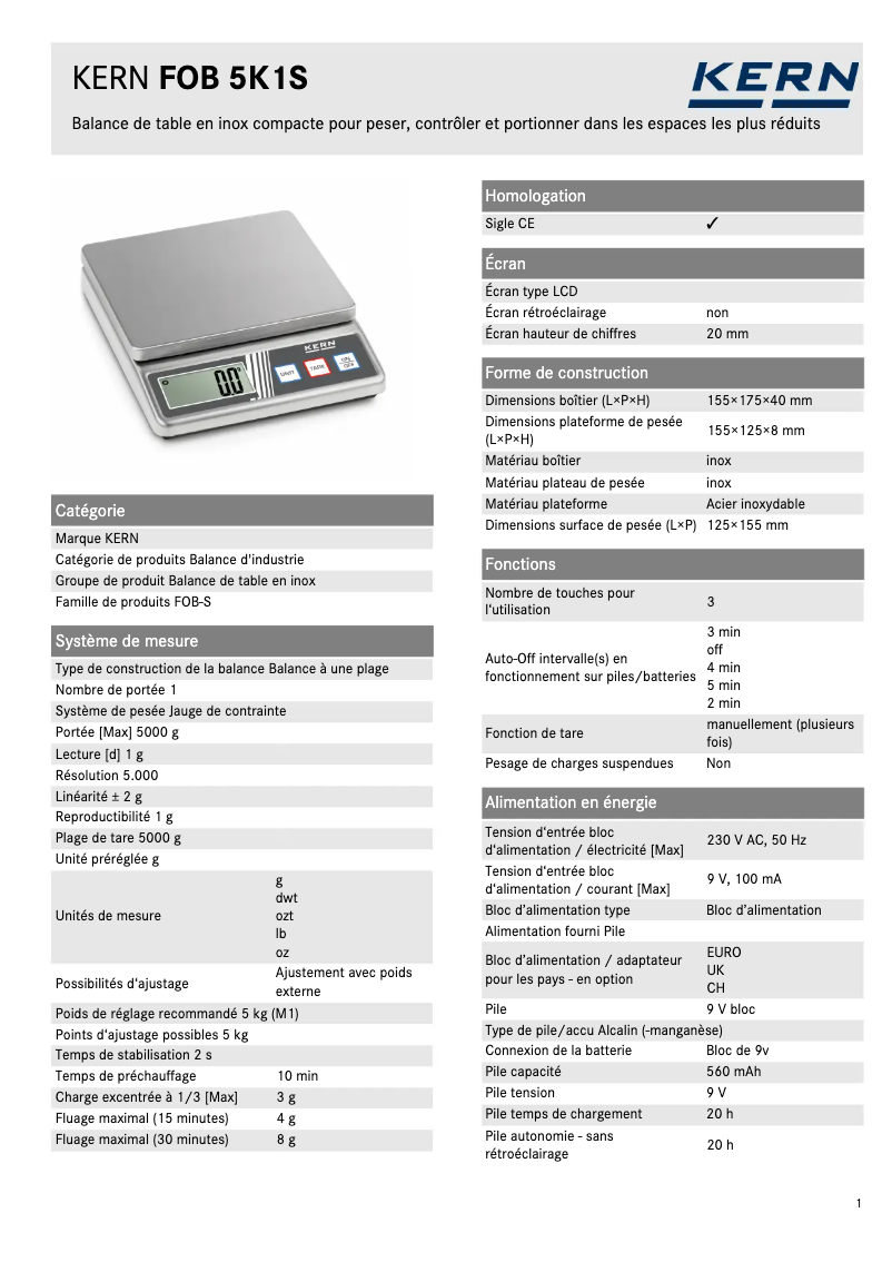 Página 1 del manual Ficha técnica Kern FOB 5K1S