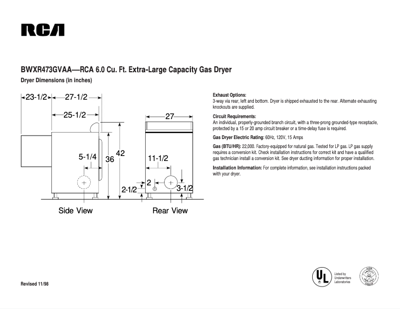Página 1 del manual Ficha técnica RCA BWXR473GVAA