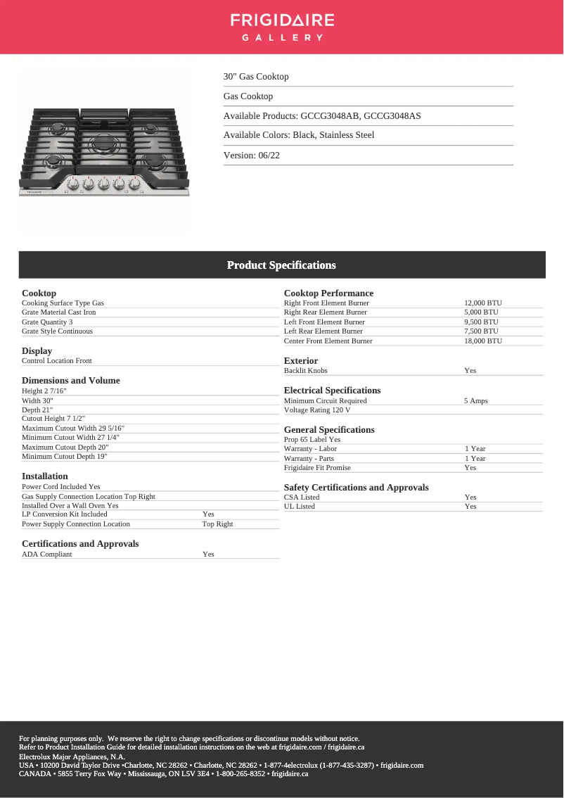 Página 1 del manual Ficha técnica Frigidaire GCCG3048AB