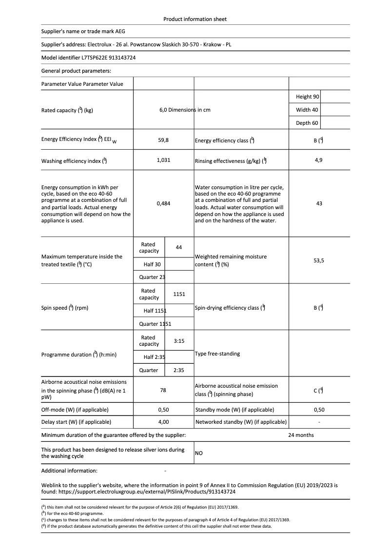 Página 1 del manual Ficha técnica AEG 7000 ProSteam L7TSP622E