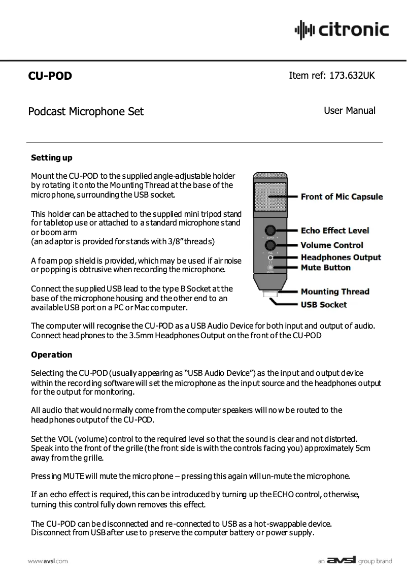 Imagen de la primera página del manual del dispositivo CU-POD
