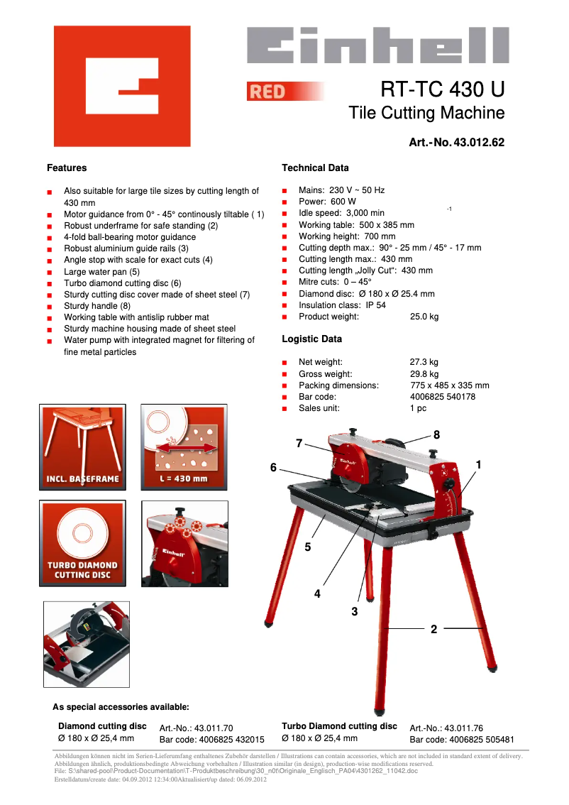 Página 1 del manual Ficha técnica Einhell RT-TC 430 U