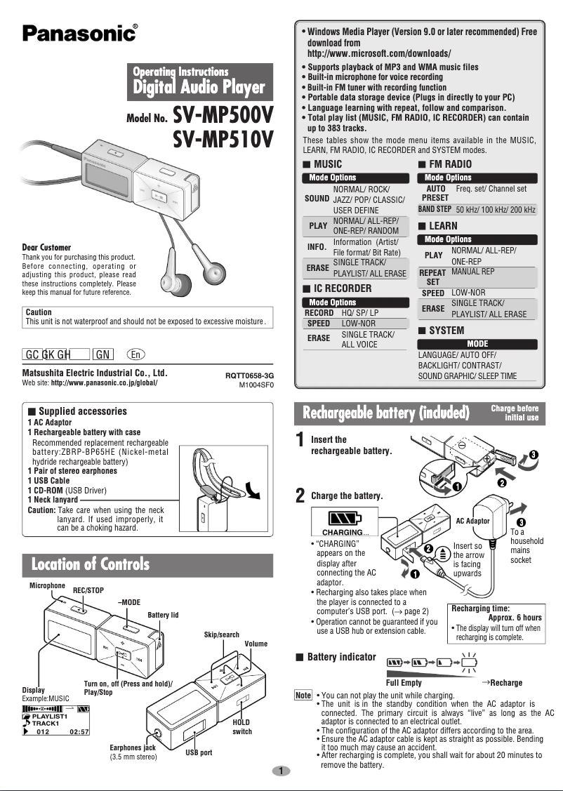 Imagen de la primera página del manual del dispositivo SV-MP500V