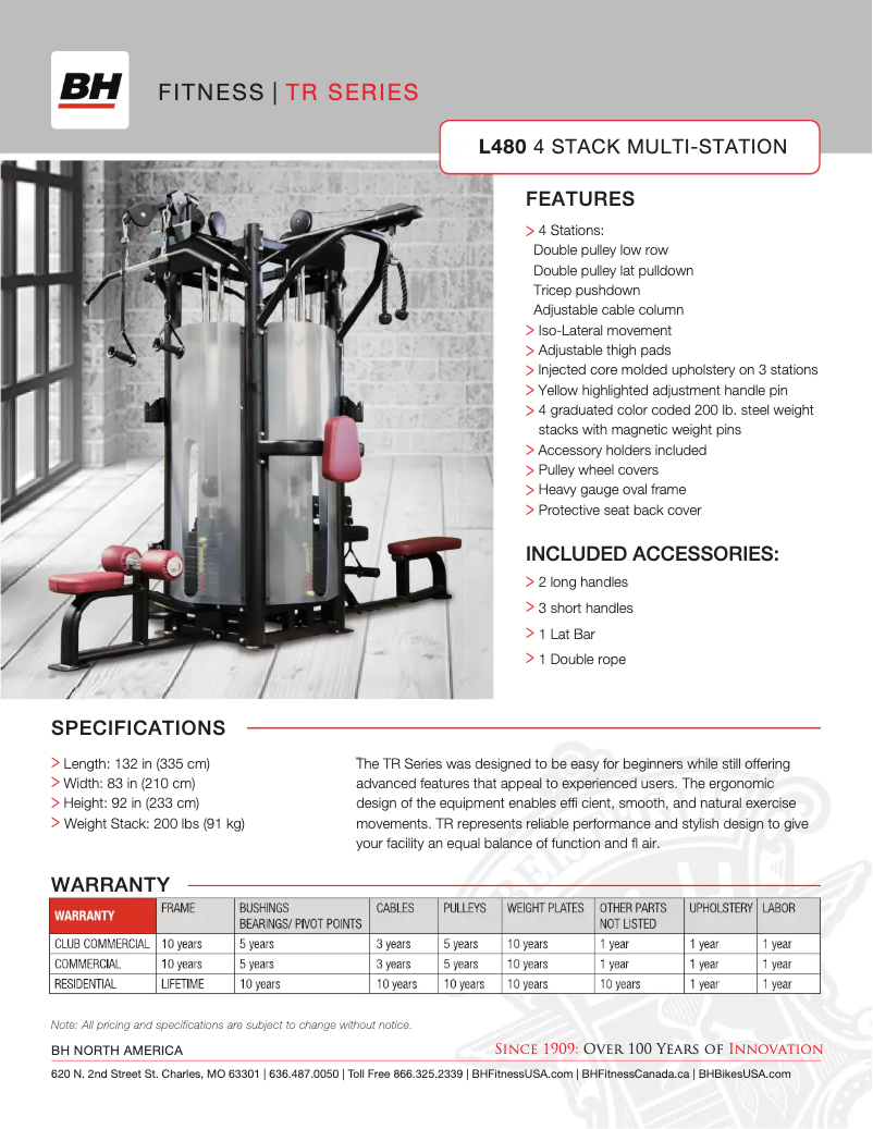 Página 1 del manual Ficha técnica BH Fitness L480