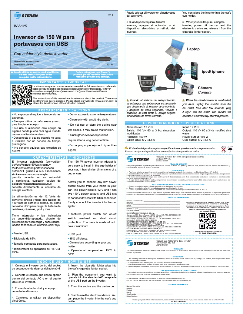Imagen de la primera página del manual del dispositivo INV-125