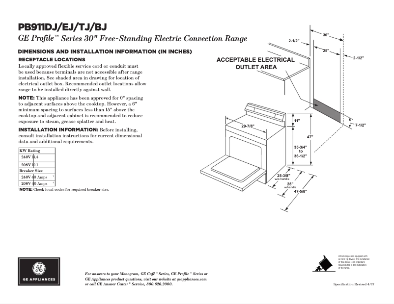 Página 1 del manual Ficha técnica GE Profile PB911BJTS