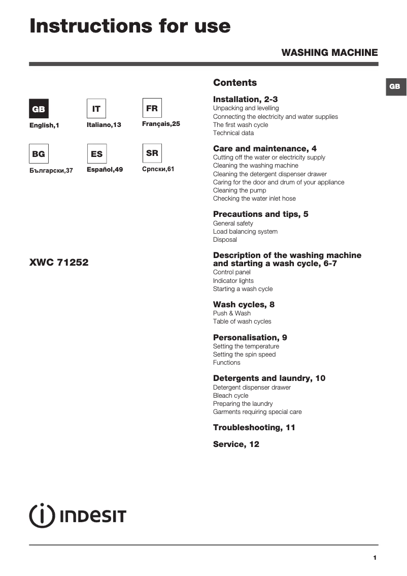 Imagen de la primera página del manual del dispositivo XWC 71252 W EU