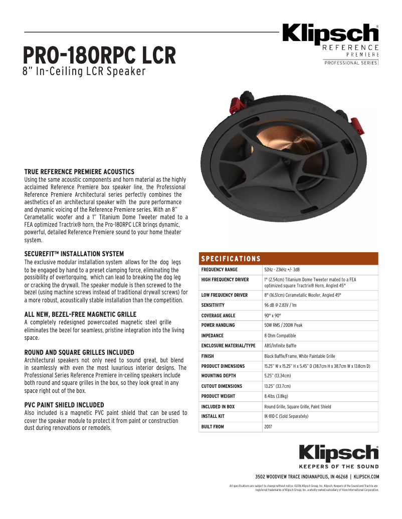 Página 1 del manual Ficha técnica Klipsch PRO-180RPC LCR