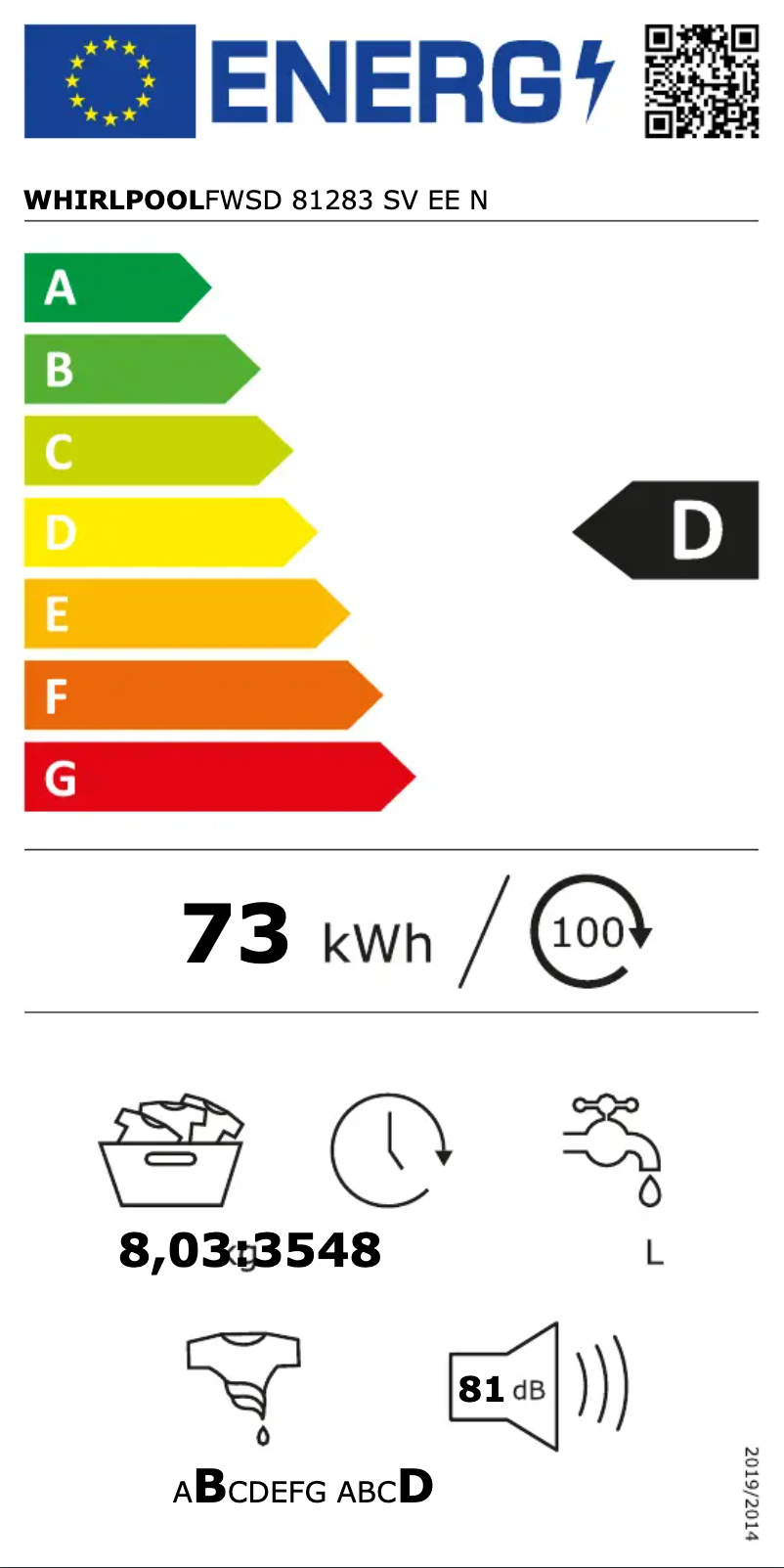 Página 1 del manual Etiqueta energética Whirlpool FWSD 81283 SV EE N