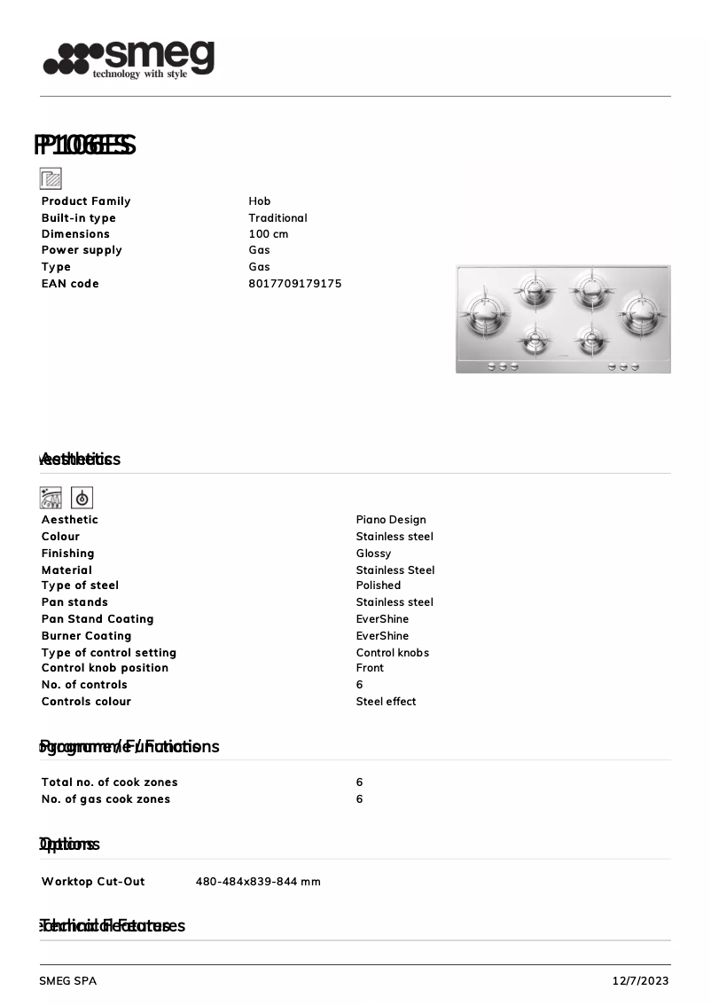 Página 1 del manual Ficha técnica Smeg P106ES