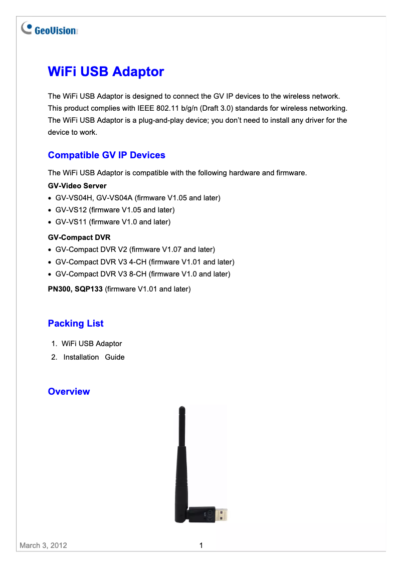 Imagen de la primera página del manual del dispositivo WiFi USB Adapter