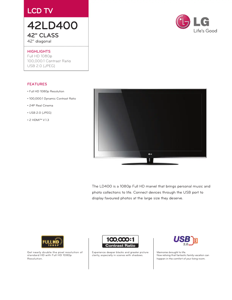 Página 1 del manual Ficha técnica LG 42LD400