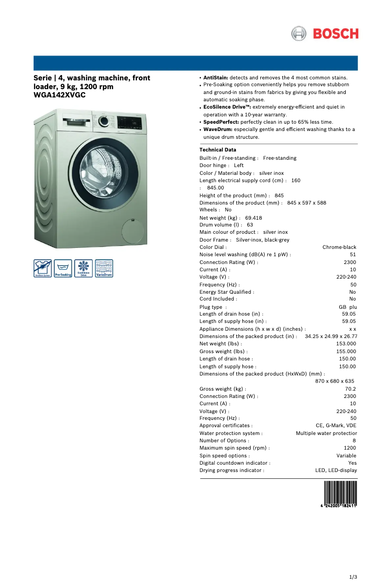 Página 1 del manual Ficha técnica Bosch WGA142XVGC