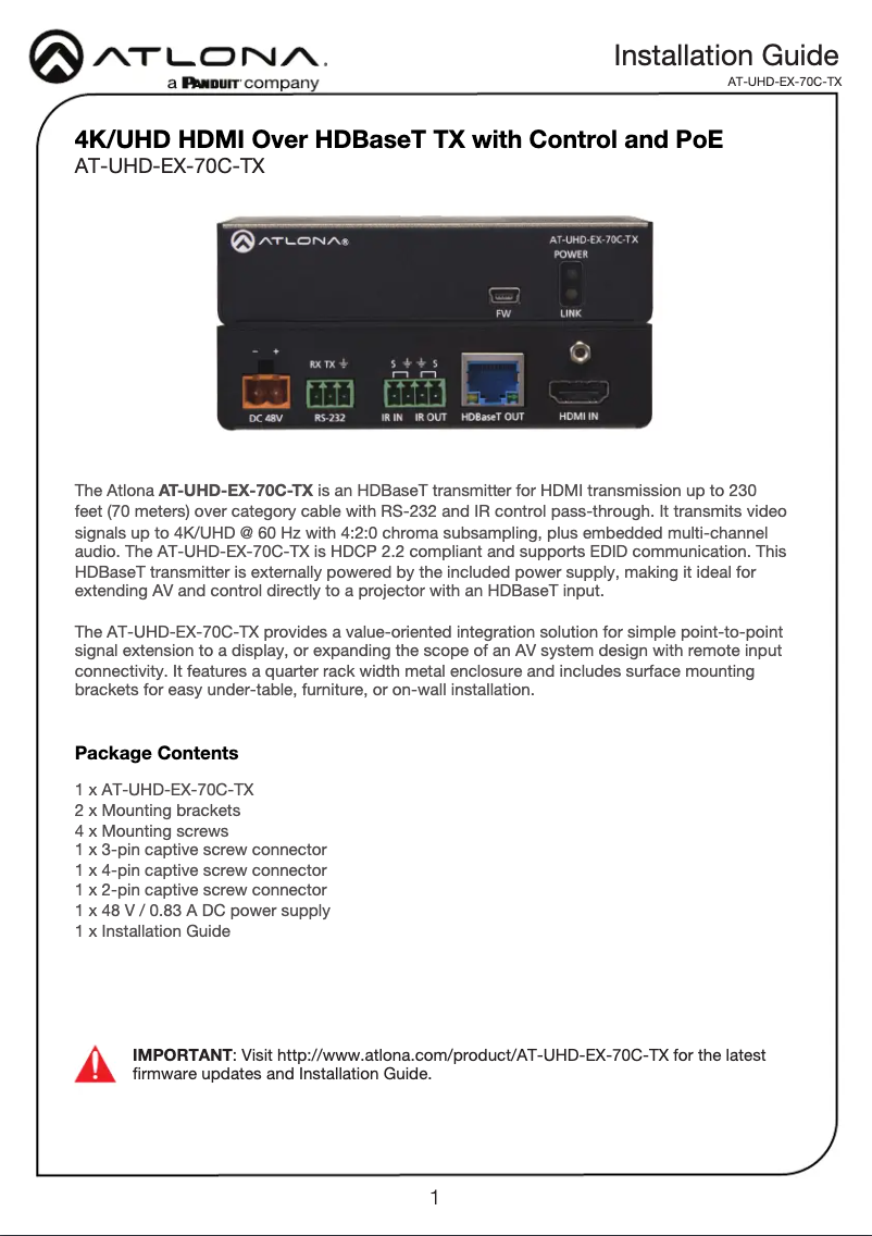 Imagen de la primera página del manual del dispositivo AT-UHD-EX-70C-TX