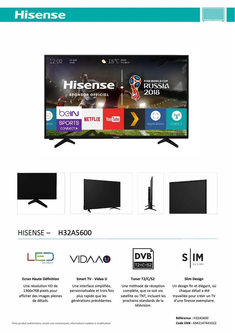 Página 1 del manual Ficha técnica Hisense H32A5600