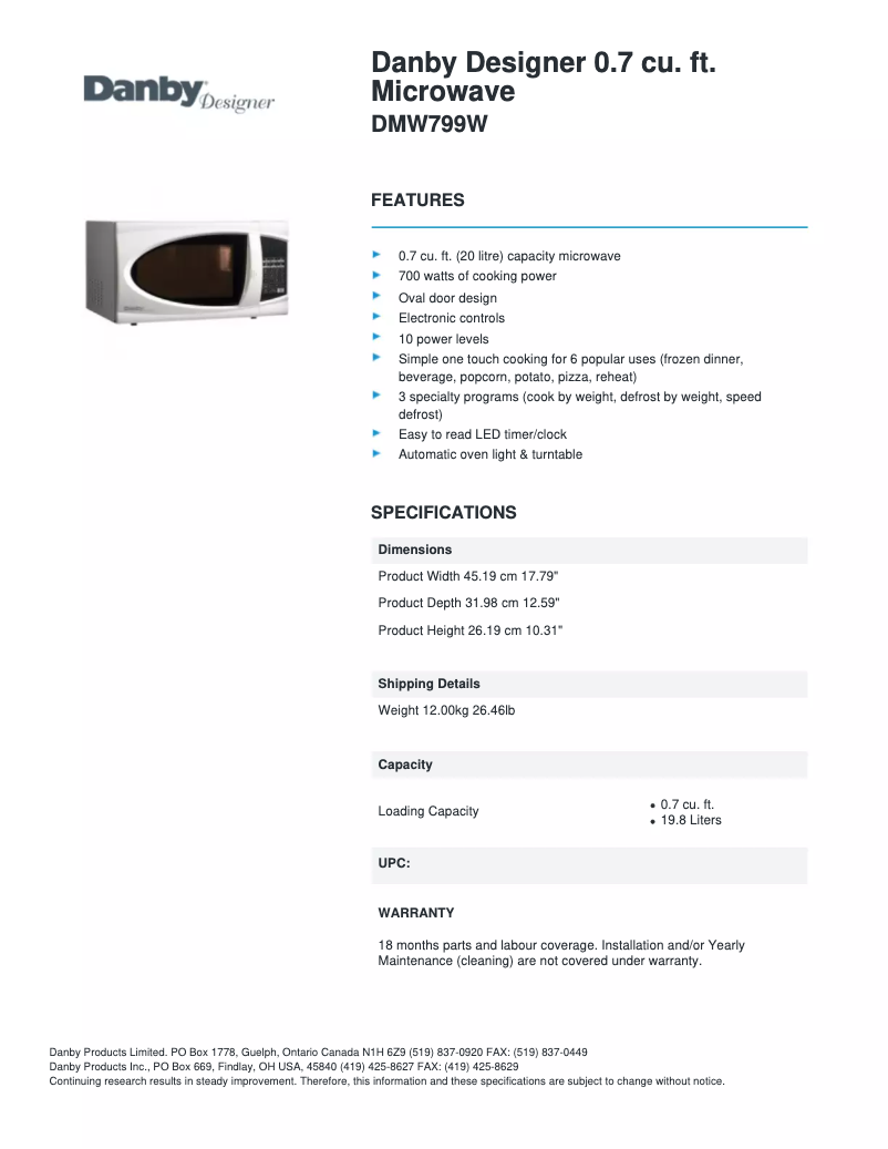 Página 1 del manual Ficha técnica Danby DMW799W