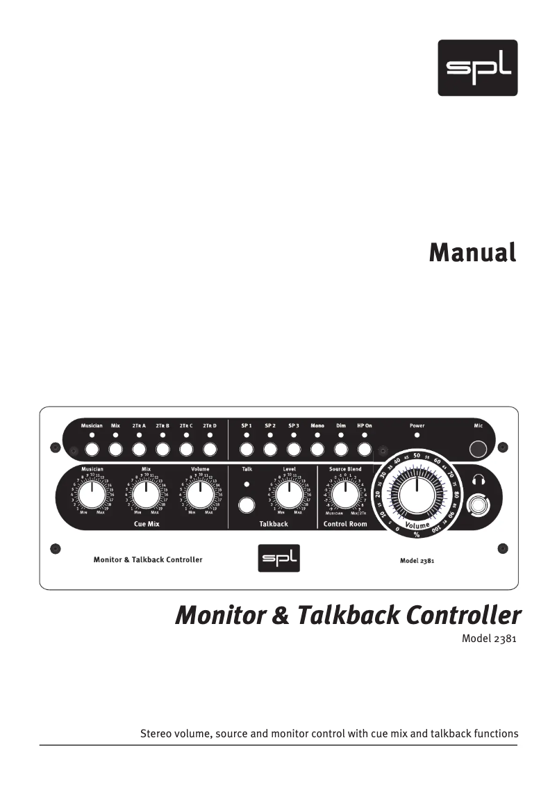 Imagen de la primera página del manual del dispositivo Monitor & Talkback Controller 2381