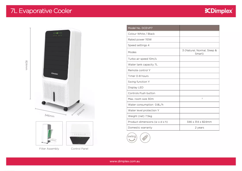 Página 1 del manual Ficha técnica Dimplex DCEVP7