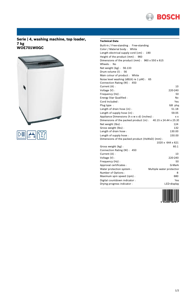 Página nº 1 - Ficha técnica Bosch WOE701W0GC