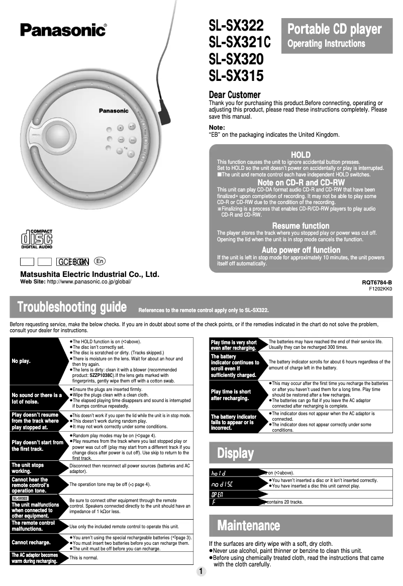 Página nº 1 - Manual de usuario Panasonic SL-SX315