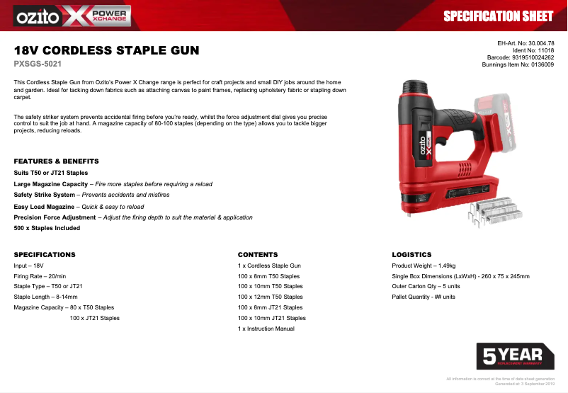Página 1 del manual Ficha técnica Ozito PXSGS-5021