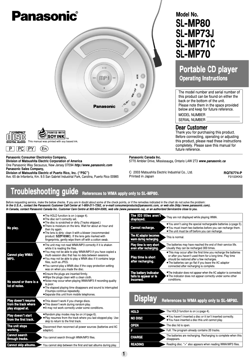 Página 1 del manual Manual de usuario Panasonic SL-MP71