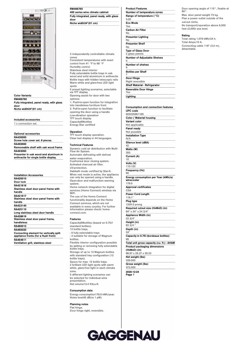 Página 1 del manual Ficha técnica Gaggenau RW466765