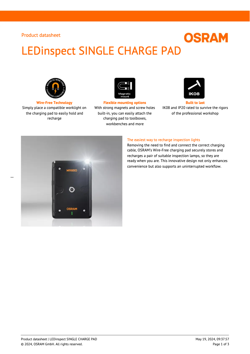 Página 1 del manual Ficha técnica Osram LEDinspect SINGLE CHARGE PAD