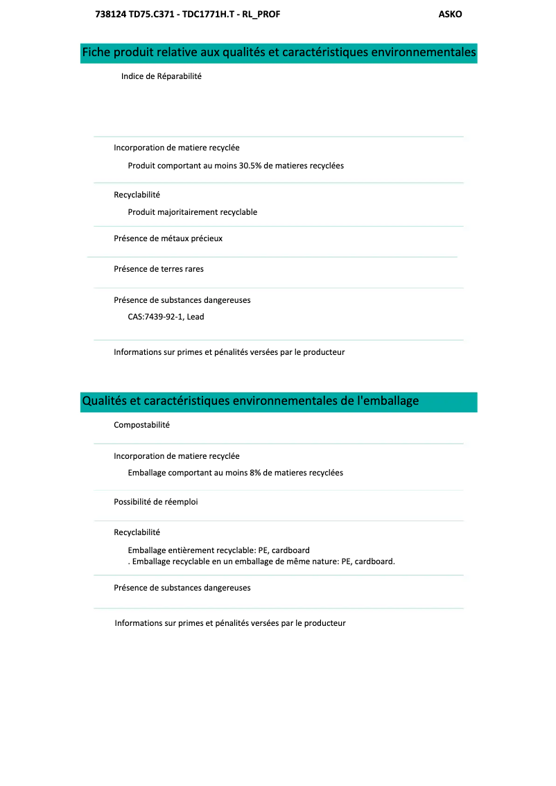 Página 1 del manual Ficha técnica Asko TDC1771H.T