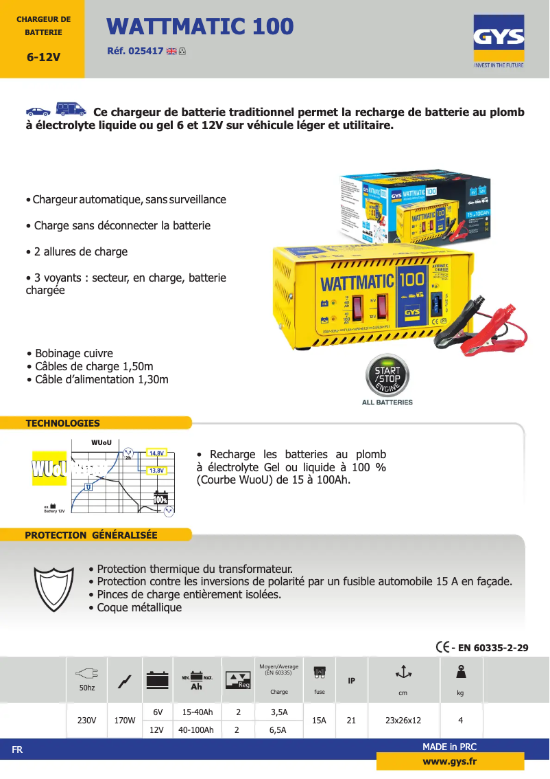 Página 1 del manual Ficha técnica GYS Wattmatic 100