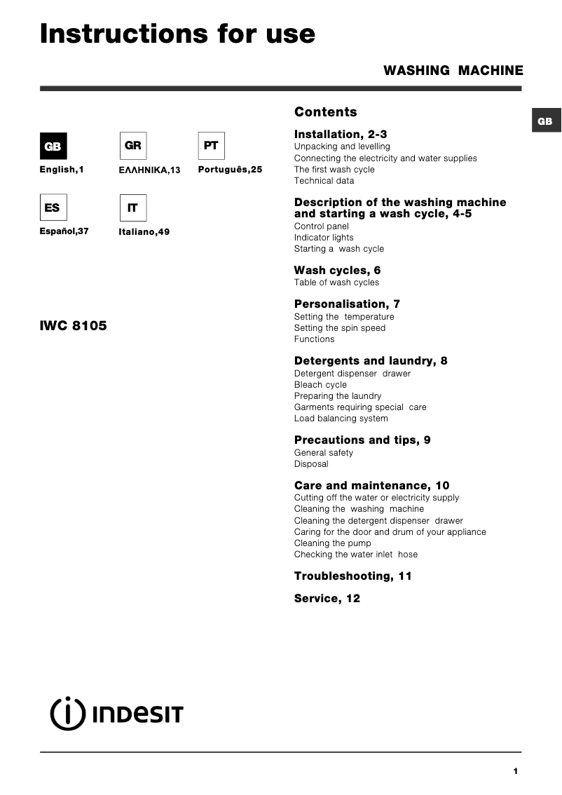 Página 1 del manual Manual de usuario Indesit Maxi IWC 8105 B (EU)