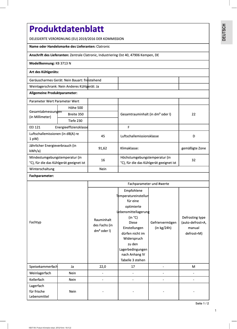Página 1 del manual Ficha técnica Clatronic KB 3713 N